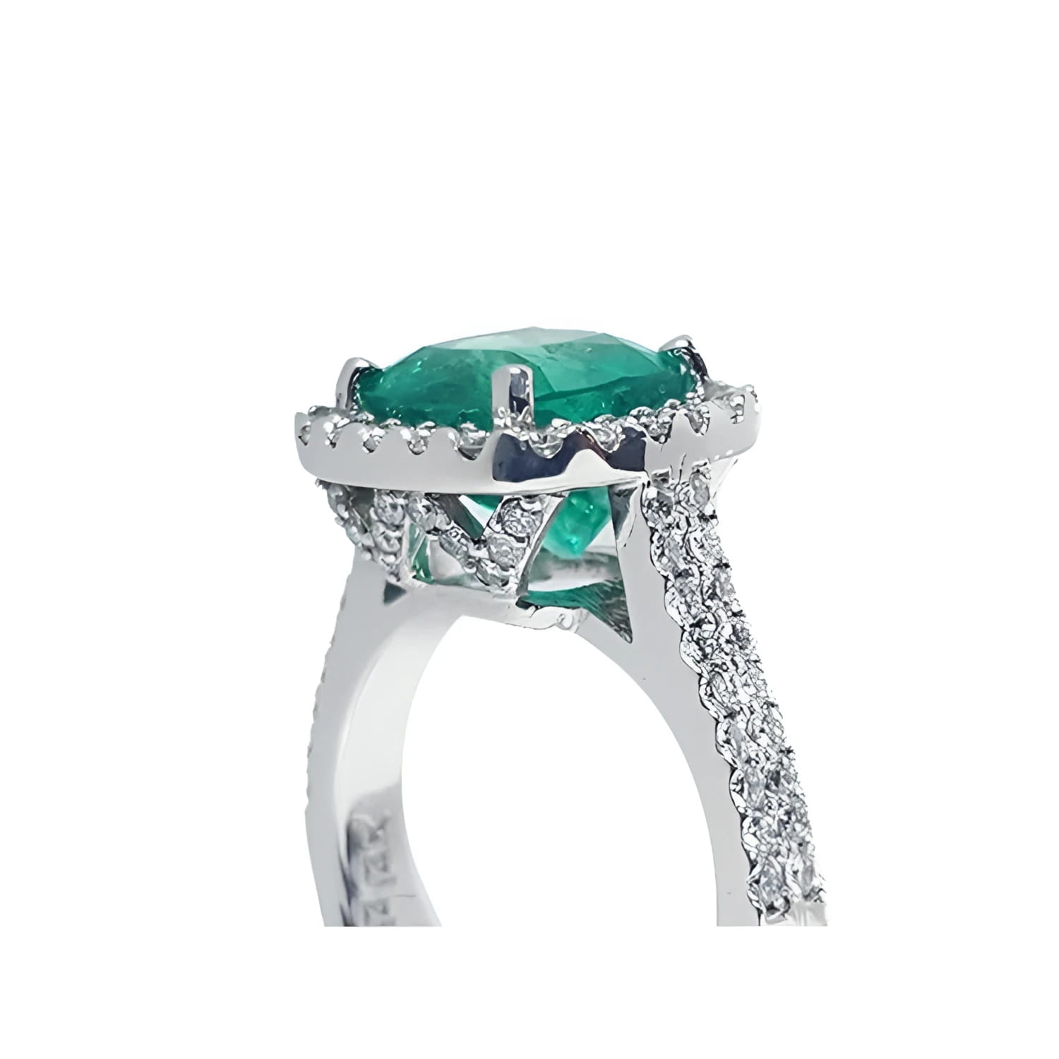 Cushion cut 3.92 ct. natural emerald ring in 14K white gold with diamond halo and pavé band.