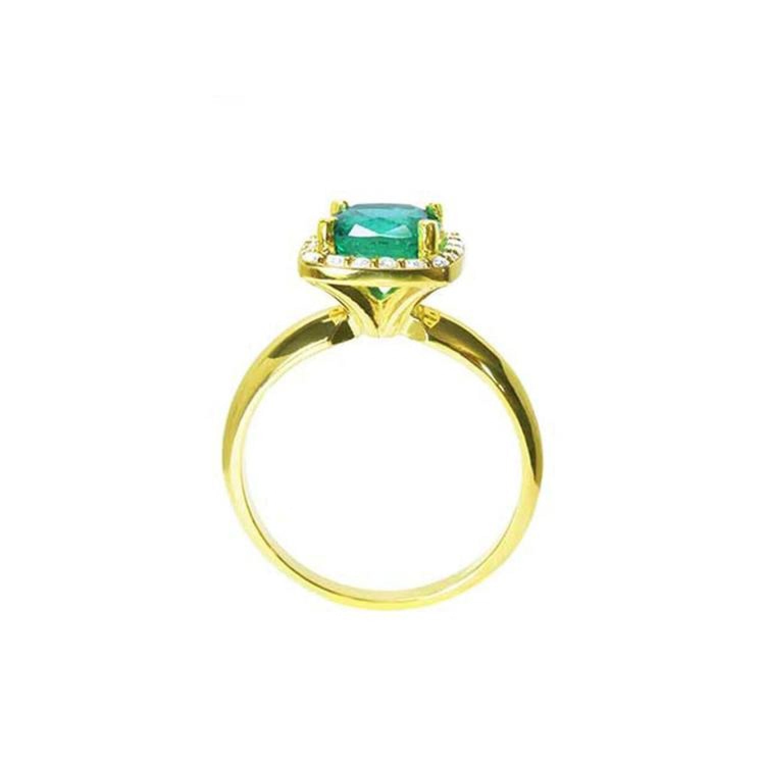 14K gold ring with a 1.45 ct cushion-cut emerald and diamond halo.