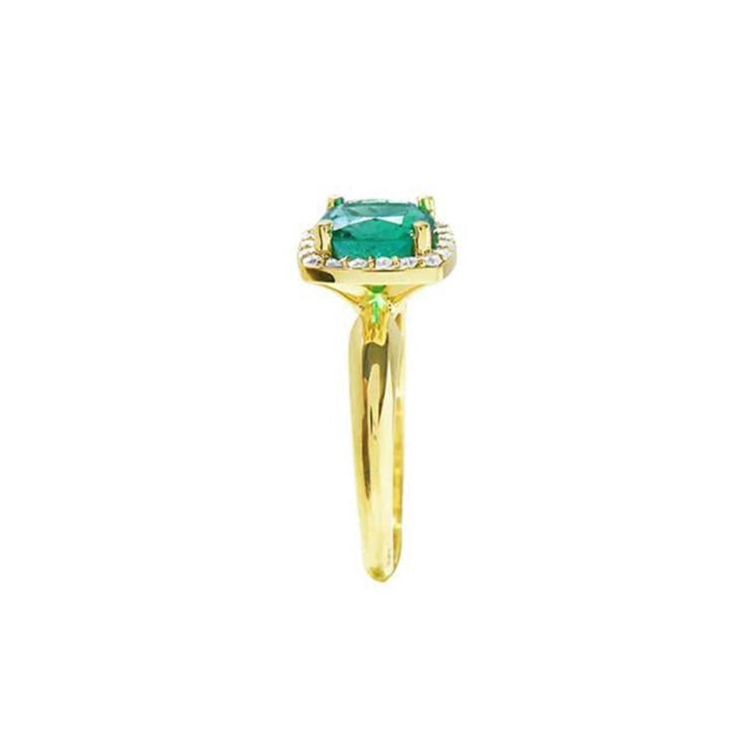 1.45 ct natural cushion-cut emerald ring with diamond halo in 14K gold.