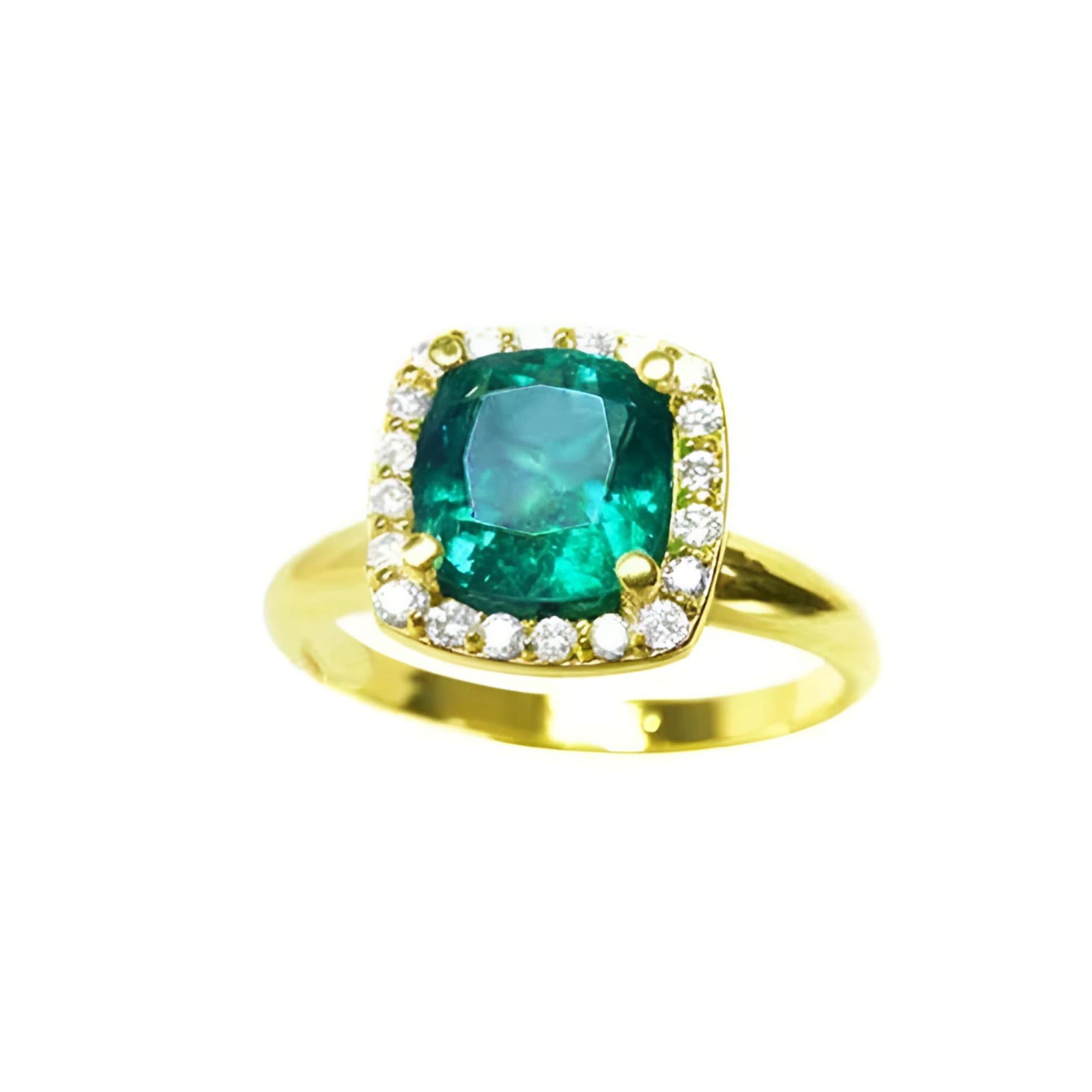 A natural cushion cut colombian emerald ring for women with halo diamond crafted in 14k yellow gold.
