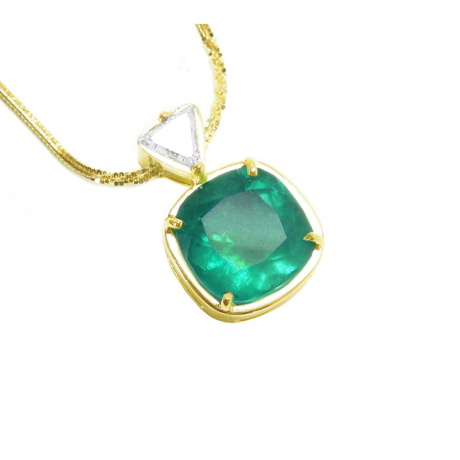 18k yellow gold necklace with a natural colombian emerald pendant and a trillion top diamond.