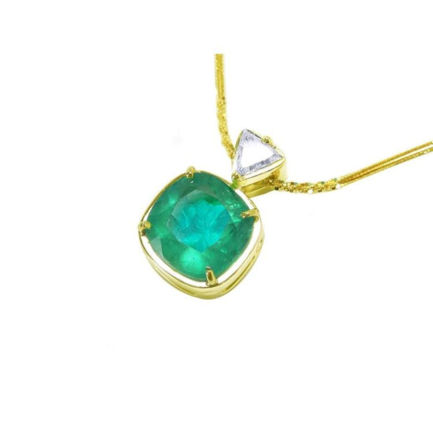 Cushion cut 4.84 ct natural emerald pendant in 18K yellow gold with a small diamond accent.