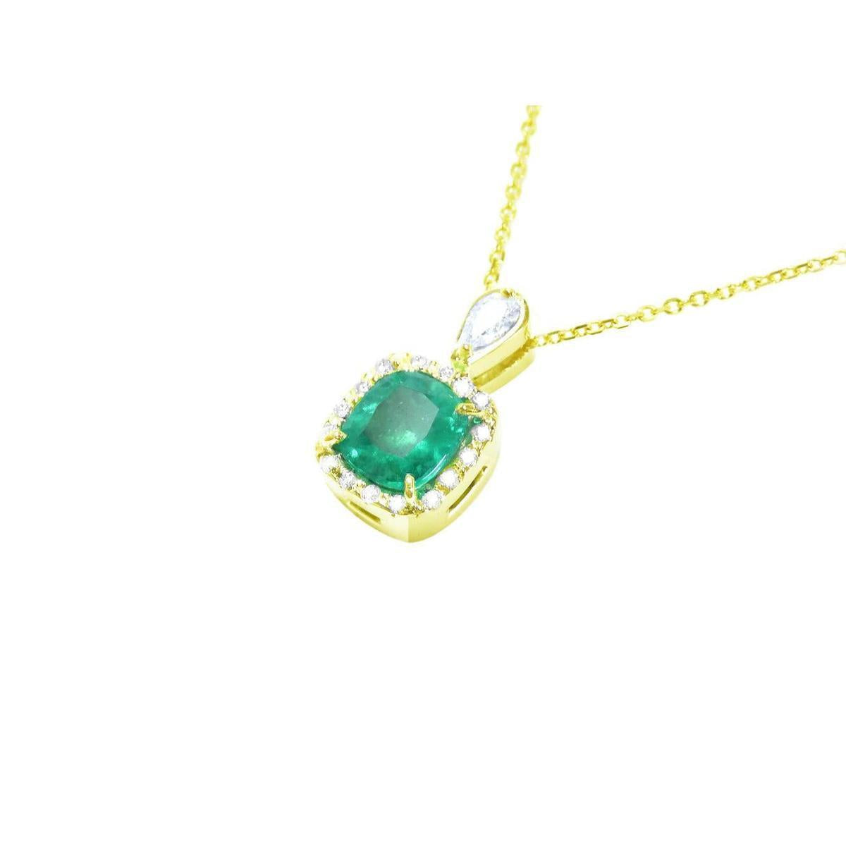 A left-side profile of a gold necklace with a cushion emerald pendant on a gallery profile display.