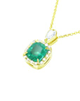 A left-side profile of a gold necklace with a cushion emerald pendant on a gallery profile display.