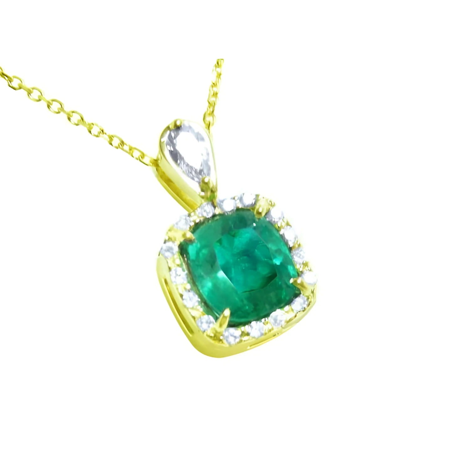 A yellow gold pendant with a cushion cut natural emerald in the center surrounded by a halo diamond right side profile.