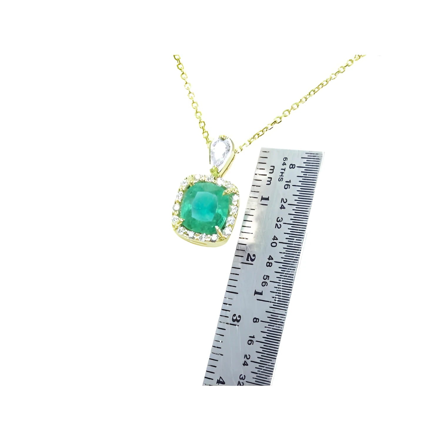 1.99 ct. cushion-cut emerald pendant with halo natural diamonds on a 14K yellow gold chain.