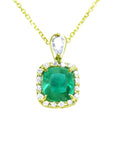 Gold necklace with a cushion cut natural colombian emerald pendant with a halo diamond, topside view.