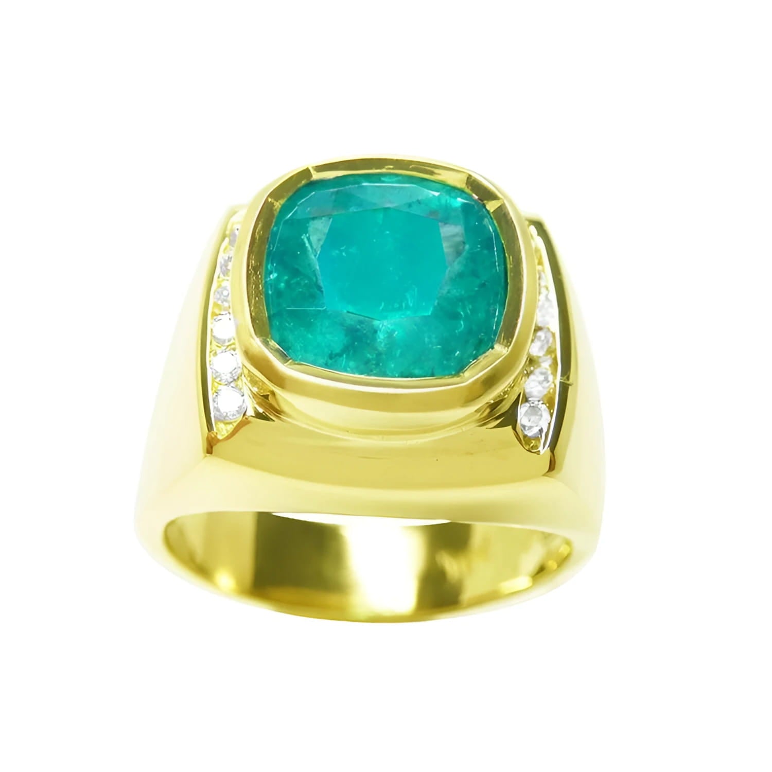 This men’s 18k gold ring features a large cushion-cut natural Colombian emerald sourced from the Muzo mines.