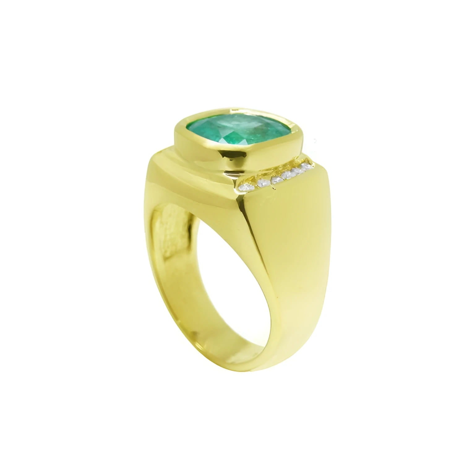 Men's 18k yellow gold ring with a cushion-cut emerald and channel-set diamonds.