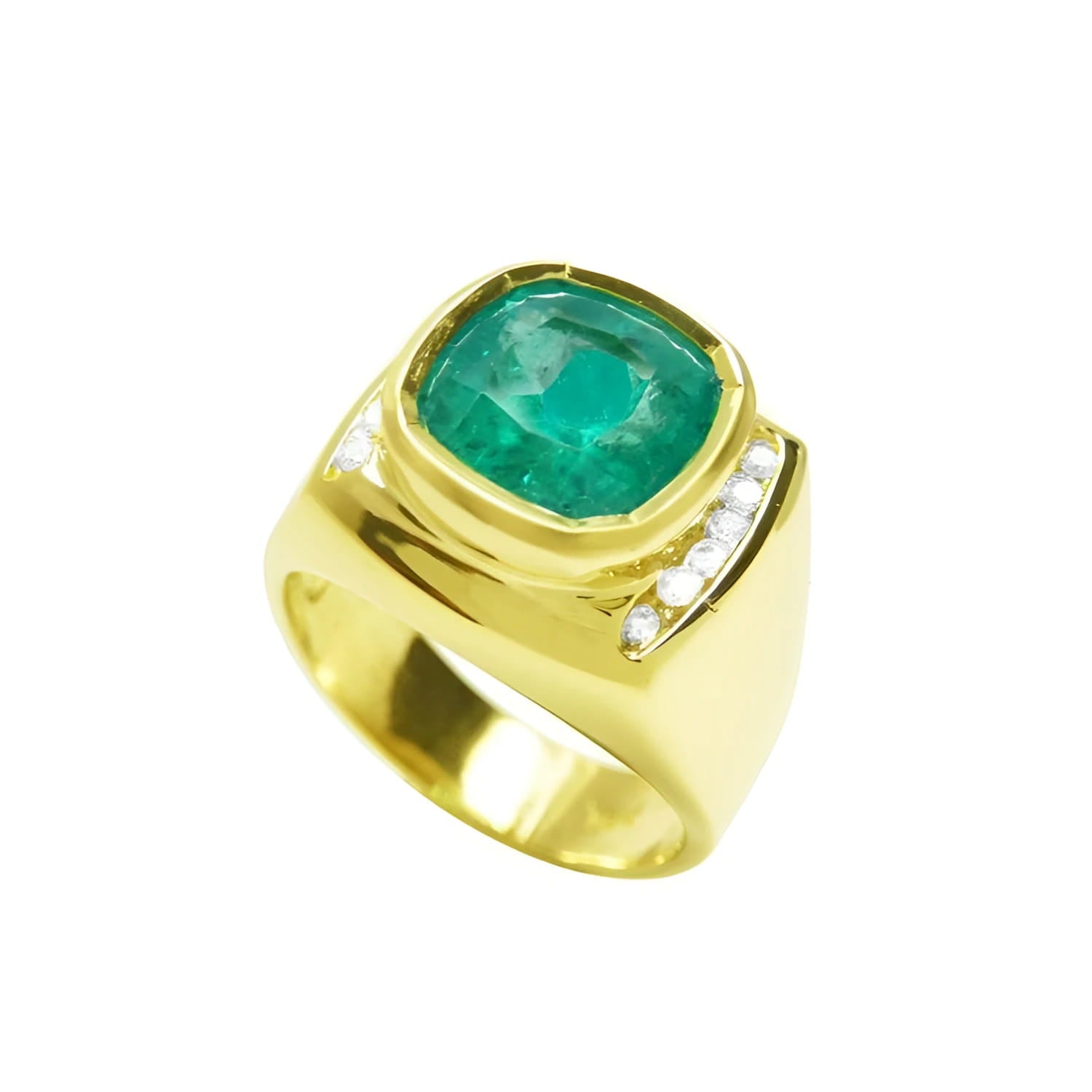 Men's 18k yellow gold ring with a cushion cut emerald and channel-set diamonds.
