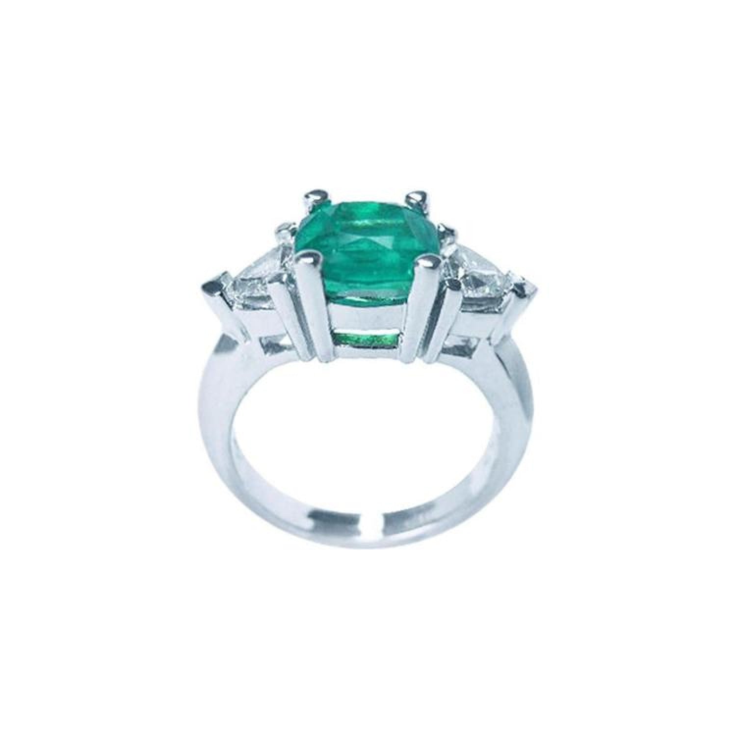 2.18 ct cushion cut Colombian emerald ring with trillion side diamonds in 14K white gold.