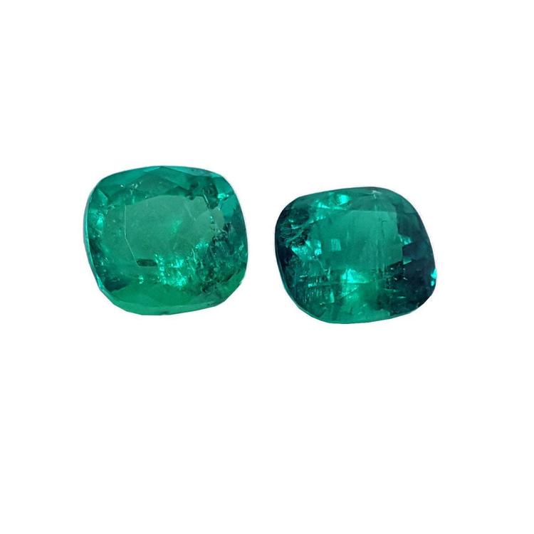 Matched pair of cushion cut 3.36 carat genuine loose emeralds, deep green color.