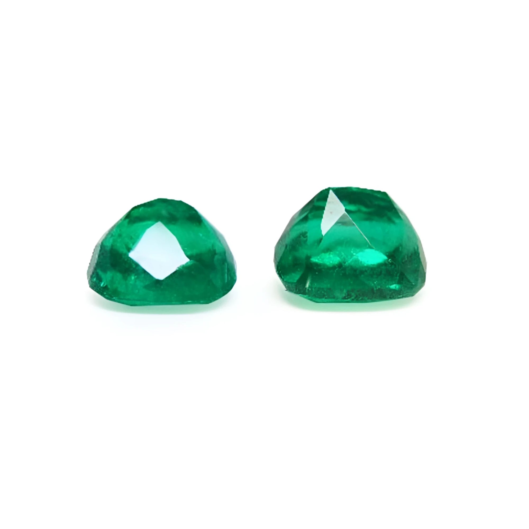 Matched pair of cushion cut 3.36 carat genuine green loose emeralds from Muzo mines.