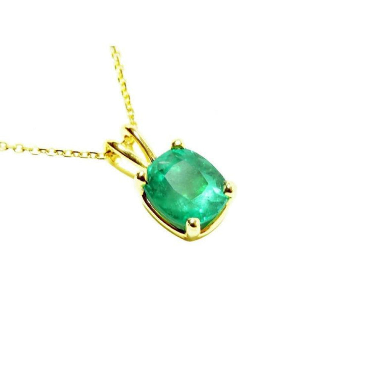 A cushion cut natural colombian emerald solitaire pendant prong set in a 14k yellow gold setting.