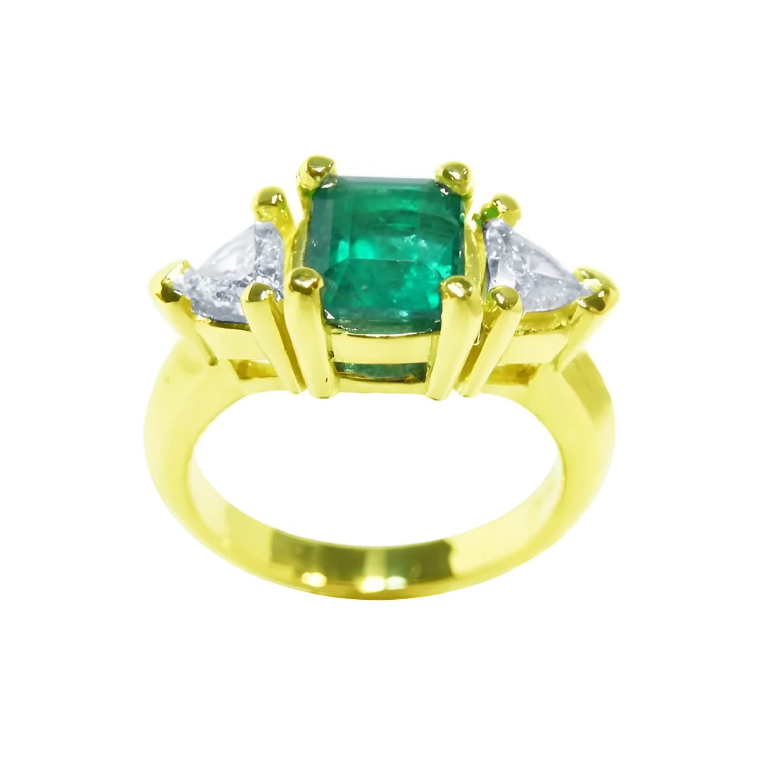 18k yellow gold natural colombian emerald and trillion cut side diamond ring for women.