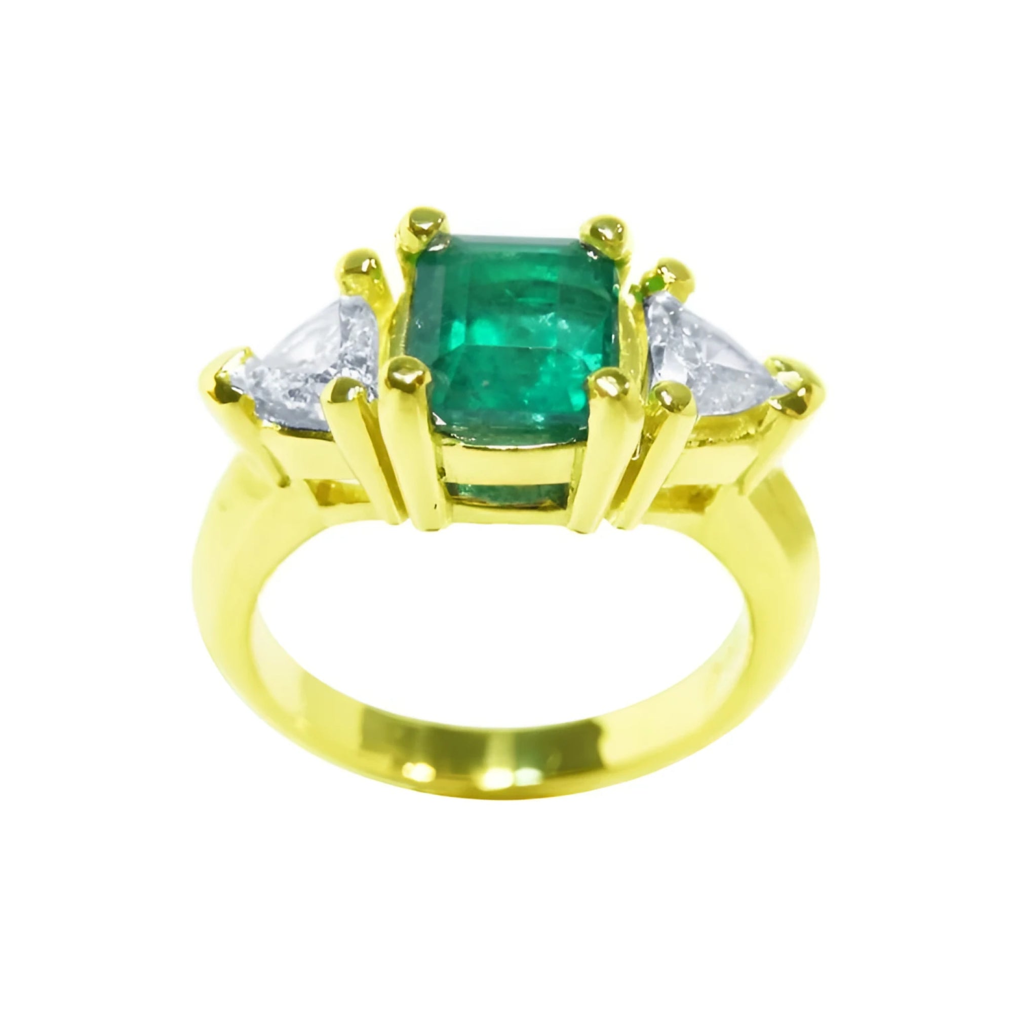 18k yellow gold natural colombian emerald and trillion cut side diamond ring for women.