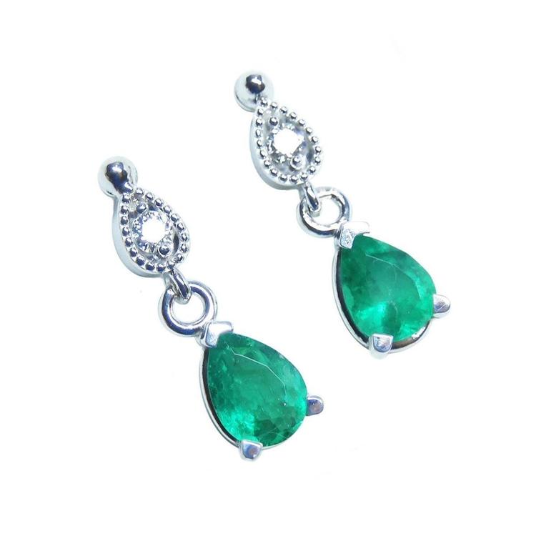 Natural colombian emerald teardrop earrings 14k white gold, top diamond studded.