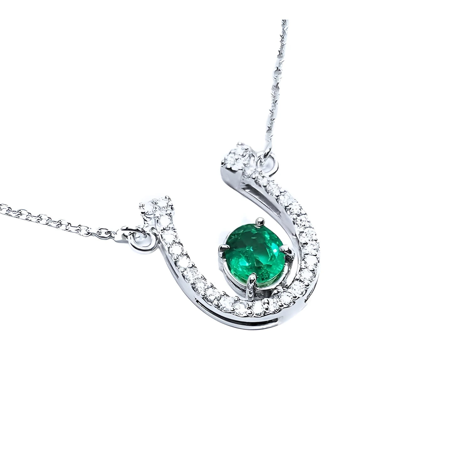 Genuine emerald horseshoe necklace with natural diamonds, crafted in 14k white gold, a lucky piece of jewelry to wear every day