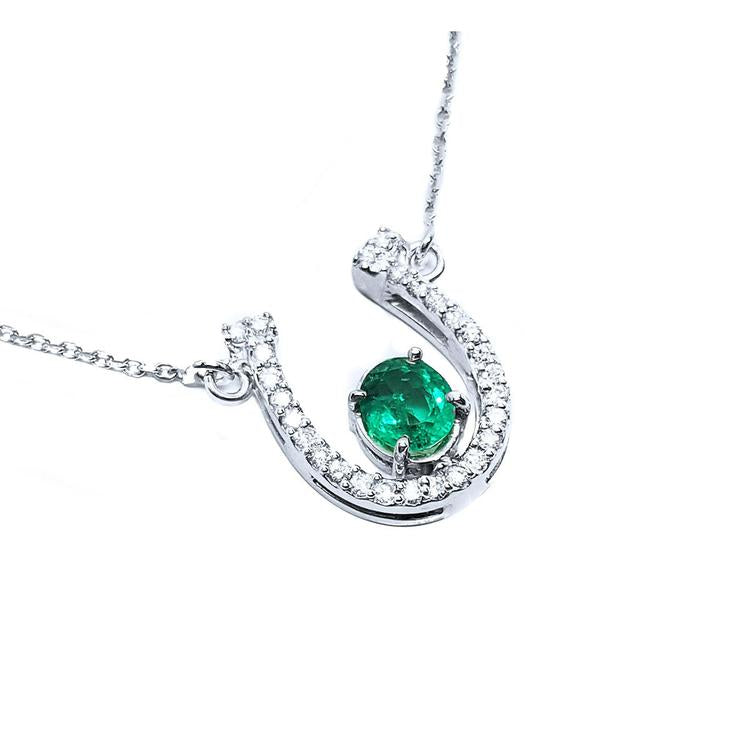 Genuine emerald horseshoe necklace with natural diamonds, crafted in 14k white gold, a lucky piece of jewelry to wear every day