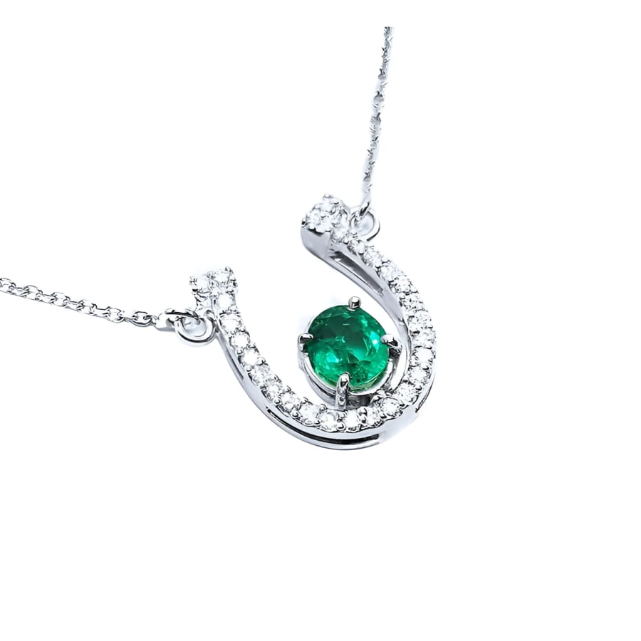 Genuine emerald horseshoe necklace with natural diamonds, crafted in 14k white gold, a lucky piece of jewelry to wear every day