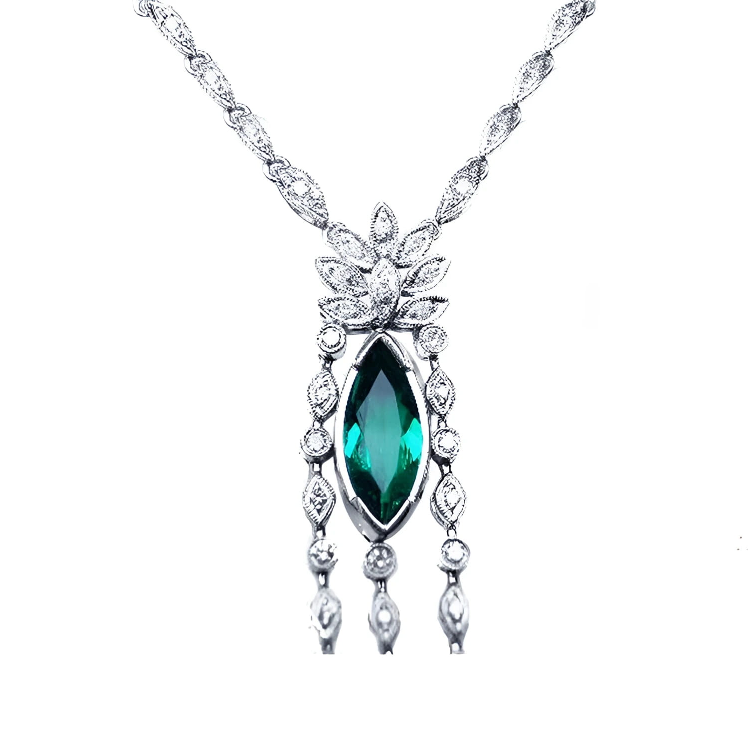 Marquise cut Colombian emerald necklace in 14K white gold with diamond links.