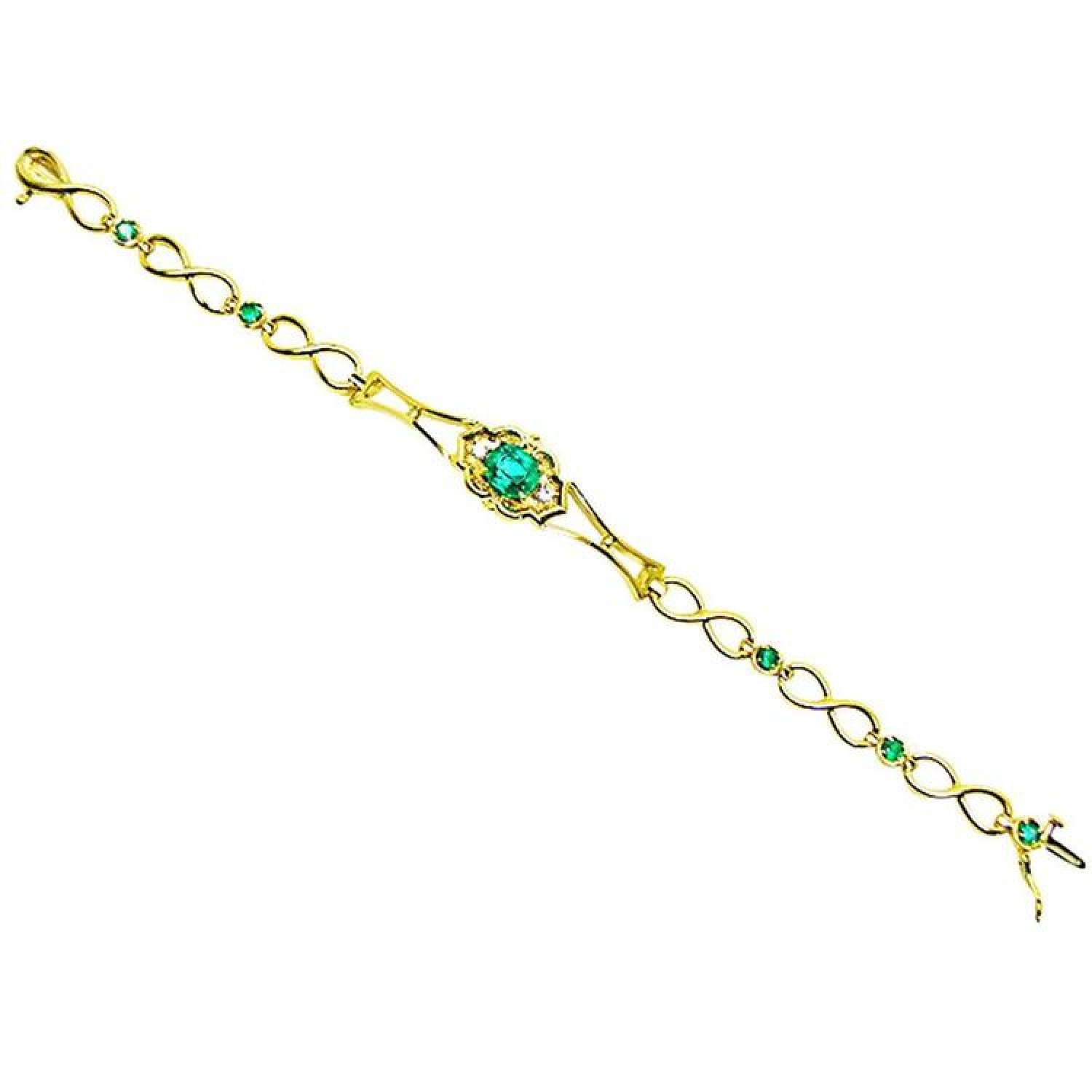 14K yellow gold bracelet with a central oval emerald and smaller emerald accents.