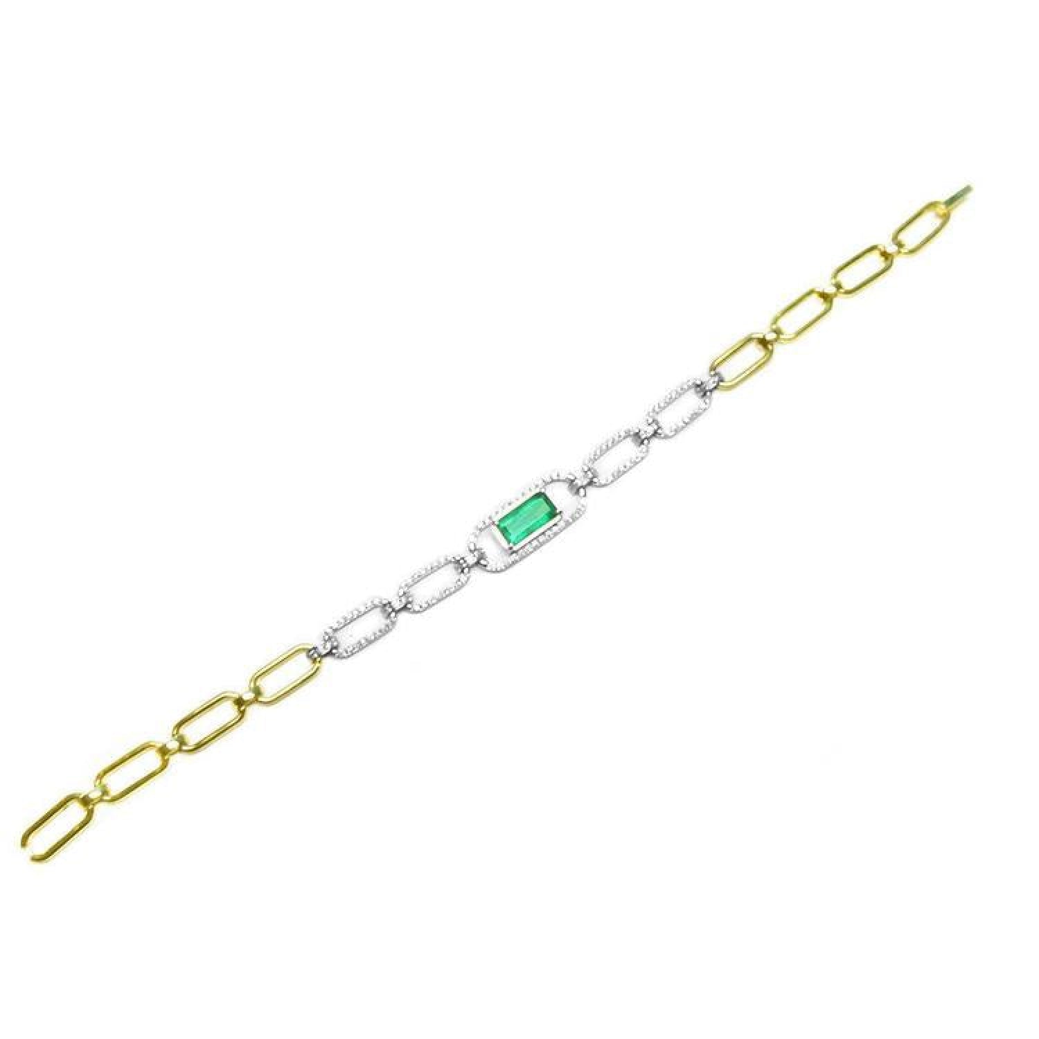 14K white and yellow gold paperclip bracelet with a central emerald-cut emerald surrounded by diamonds.