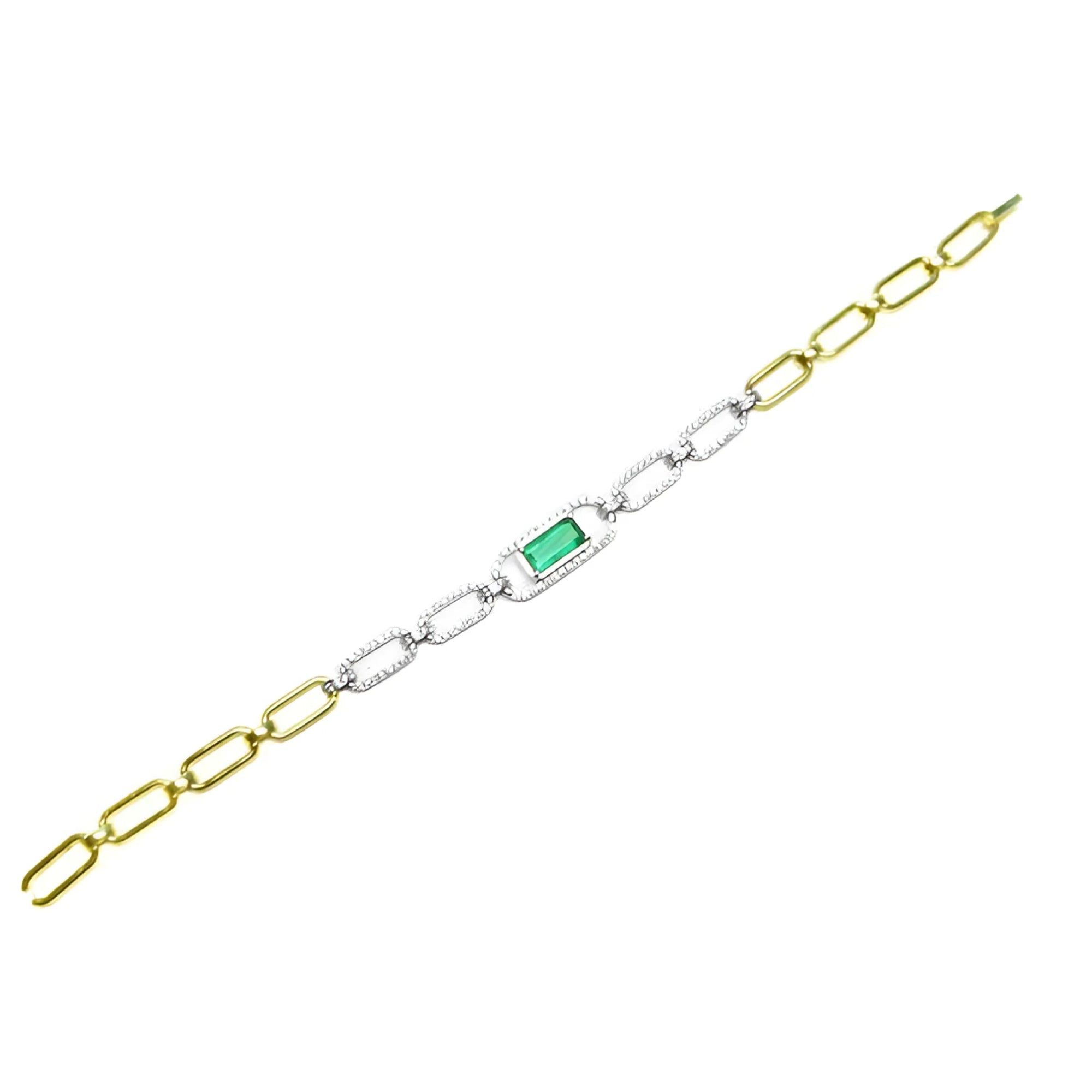 14K white and yellow gold paperclip bracelet with a central emerald-cut emerald surrounded by diamonds.