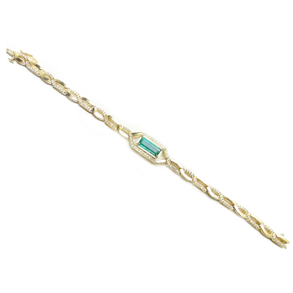 Gold bracelet with a central emerald stone and natural diamond accent on a white background.