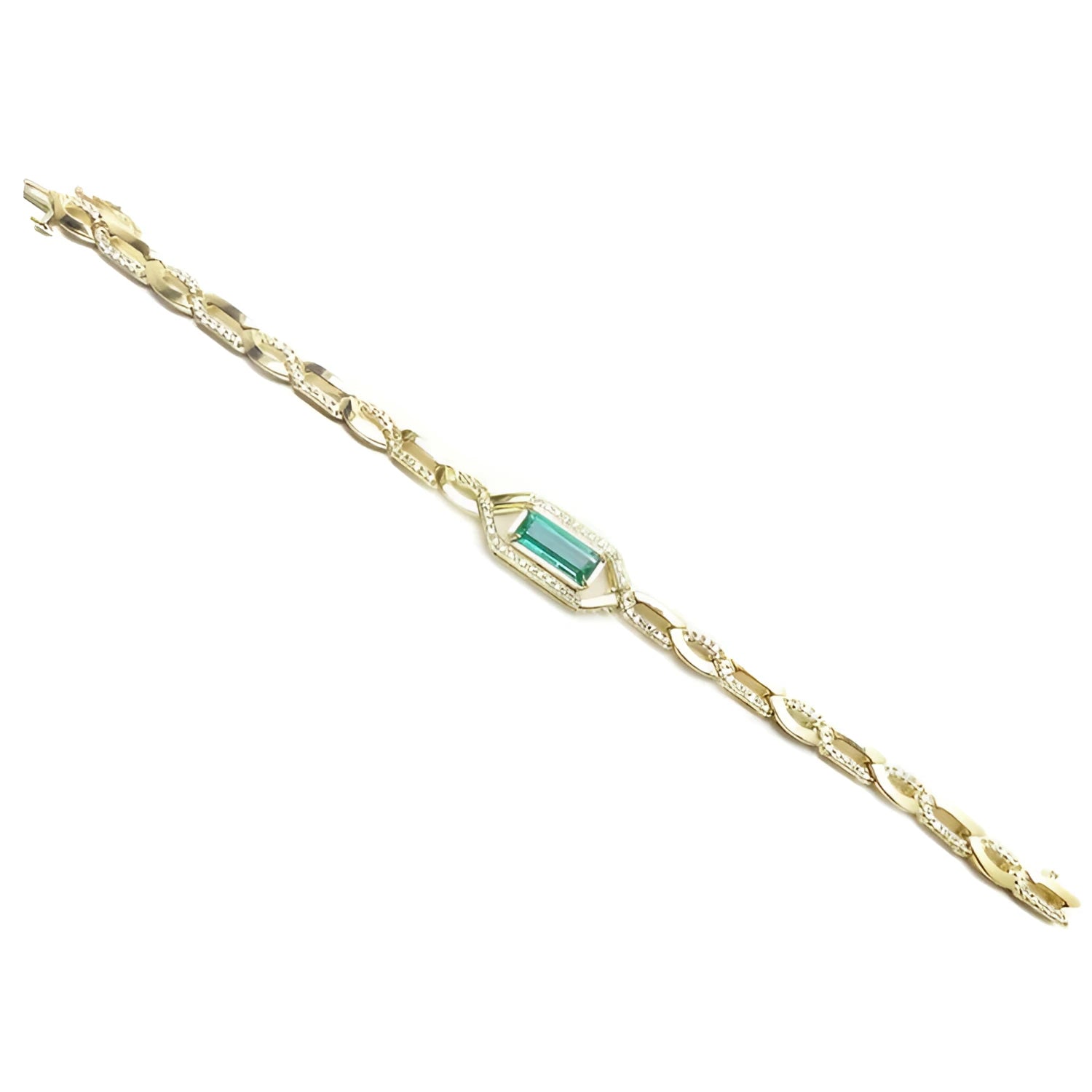 14K yellow gold bracelet with a central emerald-cut natural Colombian emerald and accent diamonds.