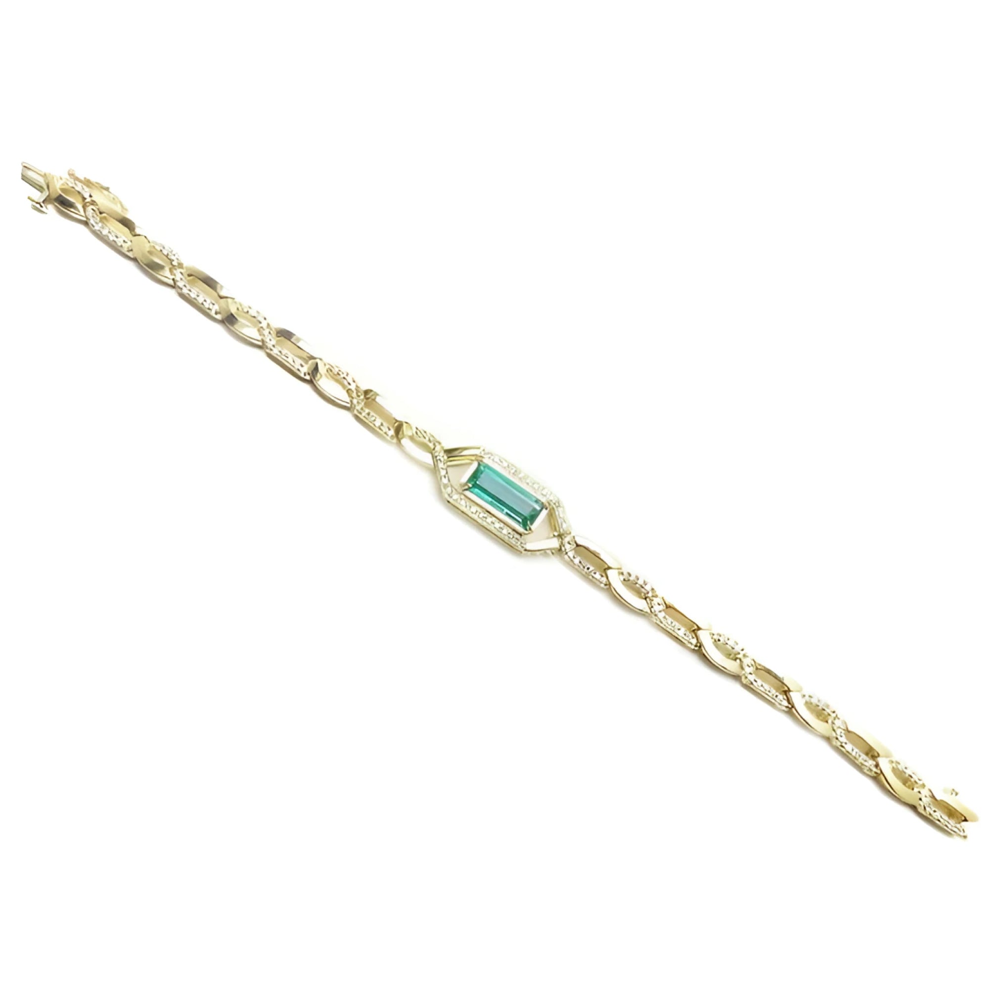 14K yellow gold bracelet with a central emerald-cut natural Colombian emerald and accent diamonds.