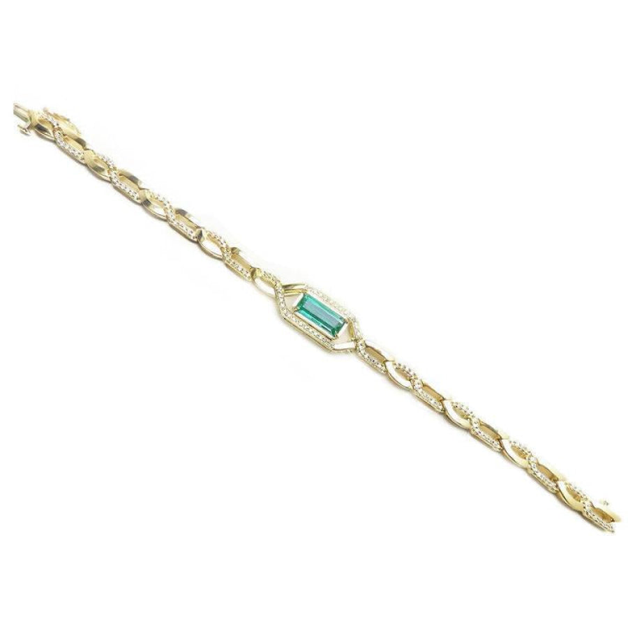 14K yellow gold bracelet with a central emerald-cut natural Colombian emerald and accent diamonds.