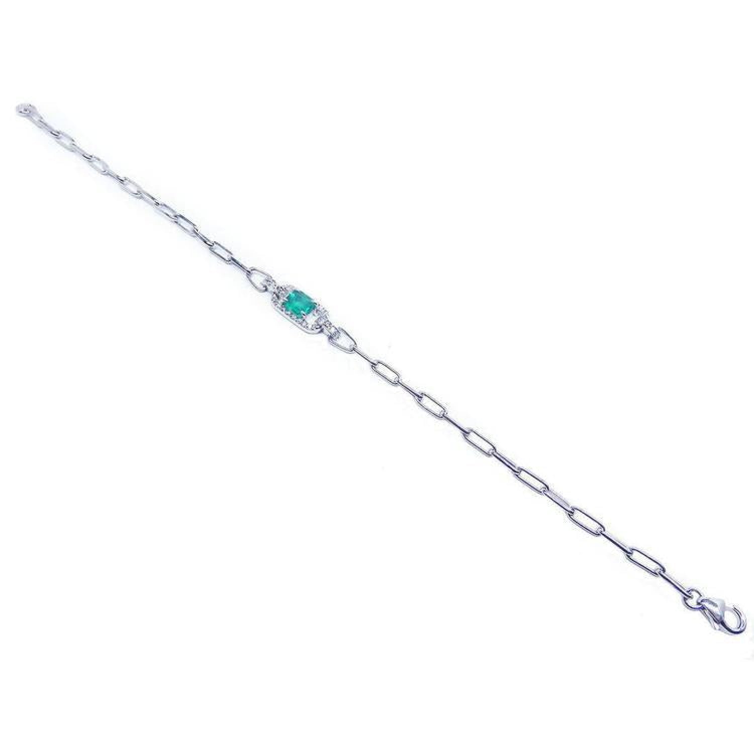 14K white gold paper clip bracelet with a bluish-green emerald and diamond halo.