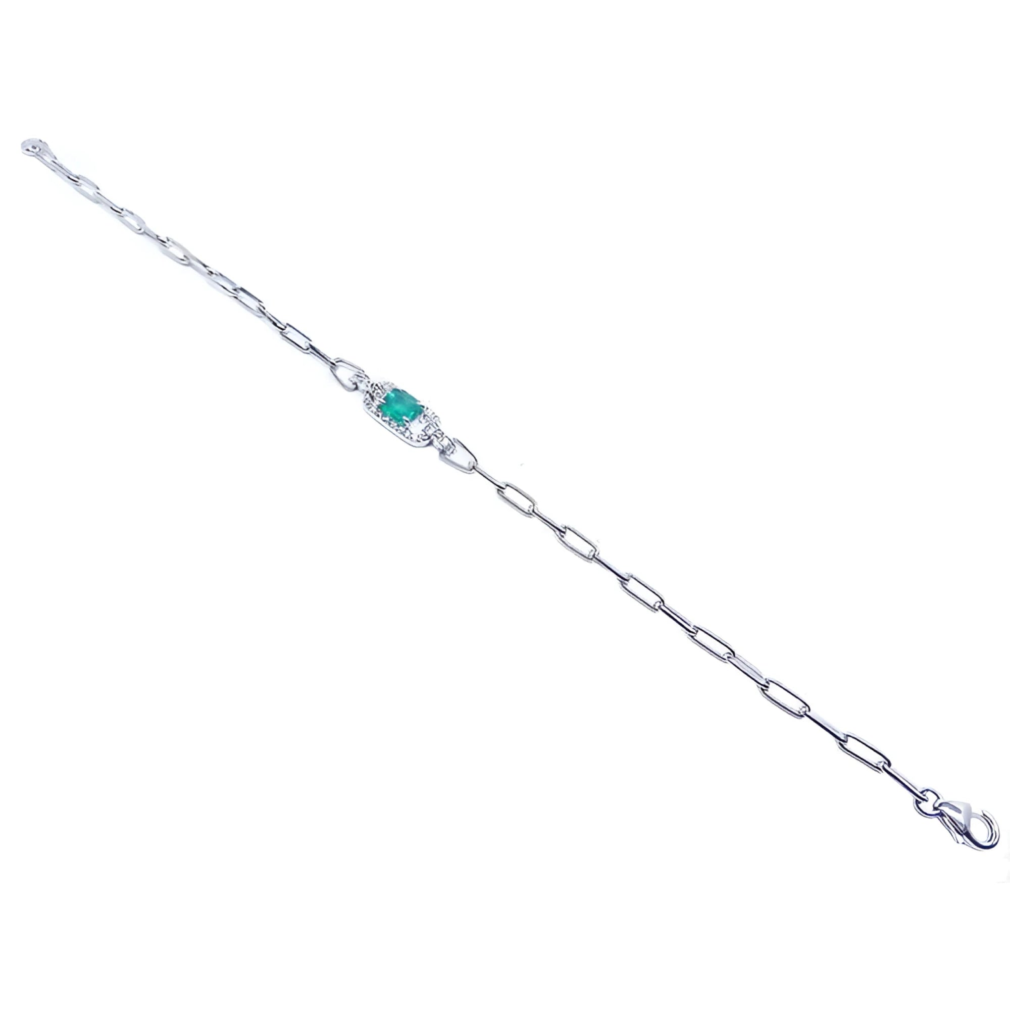 14K white gold paper clip bracelet with a bluish-green emerald and diamond halo.
