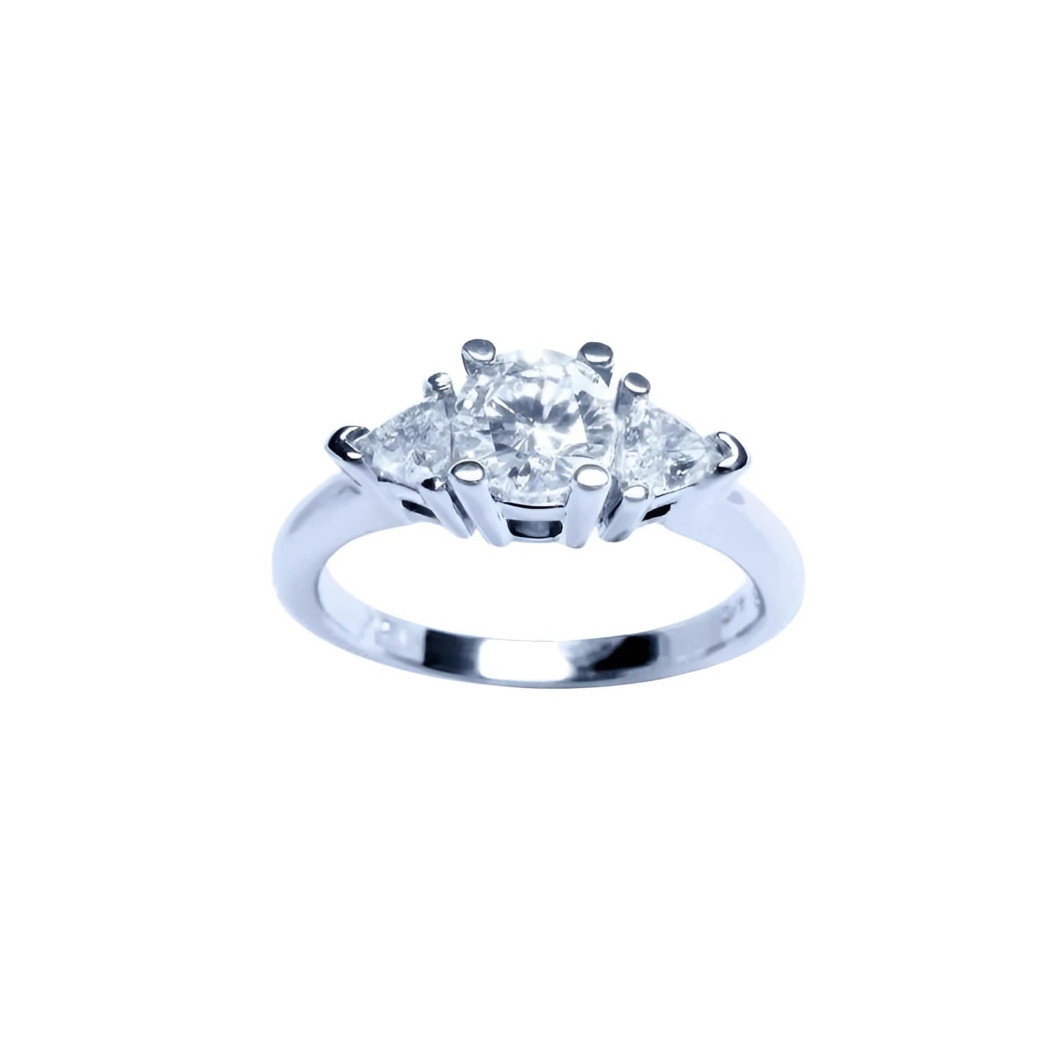14K white gold engagement ring with a round center diamond and two trillion side diamonds.