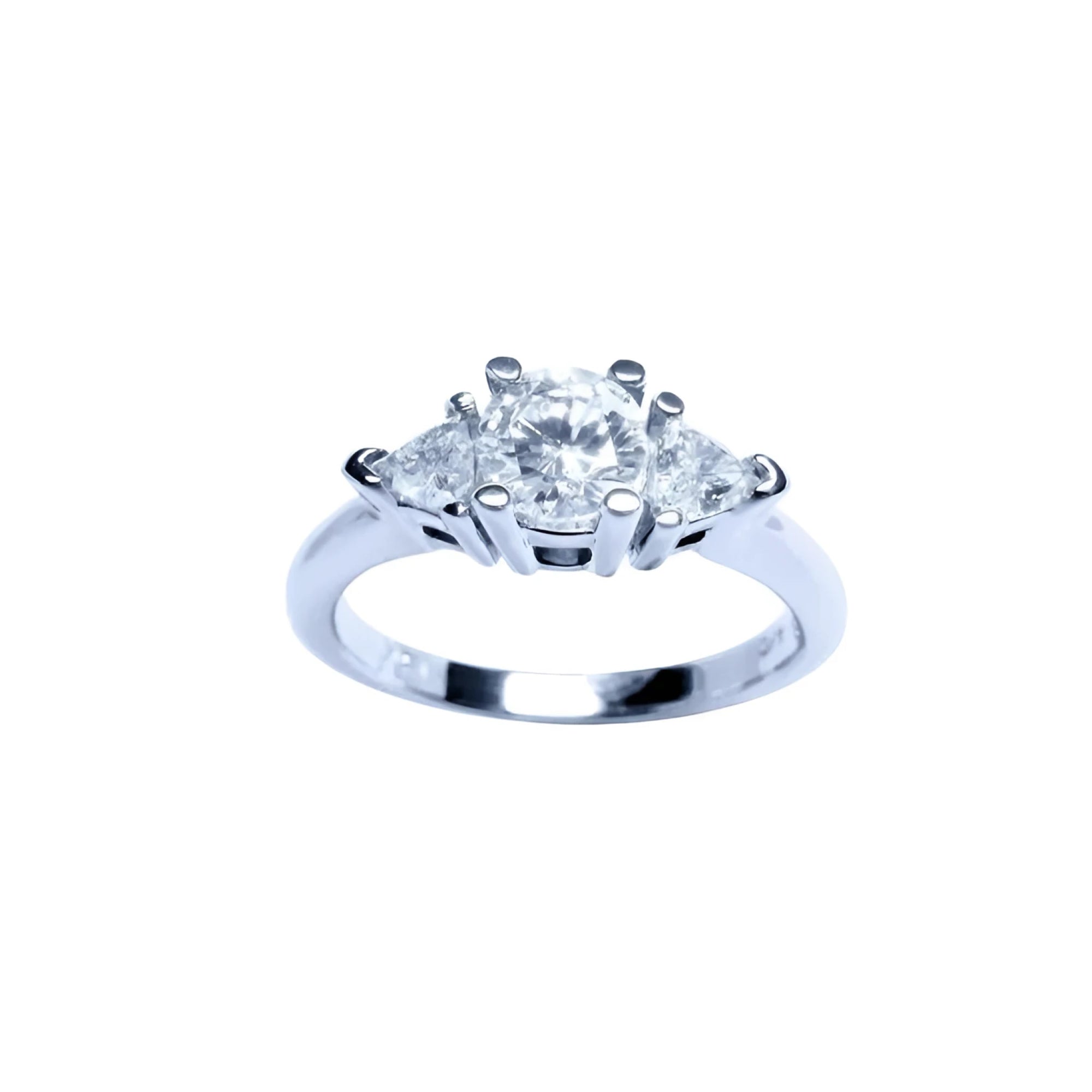 14K white gold engagement ring with a round center diamond and two trillion side diamonds.