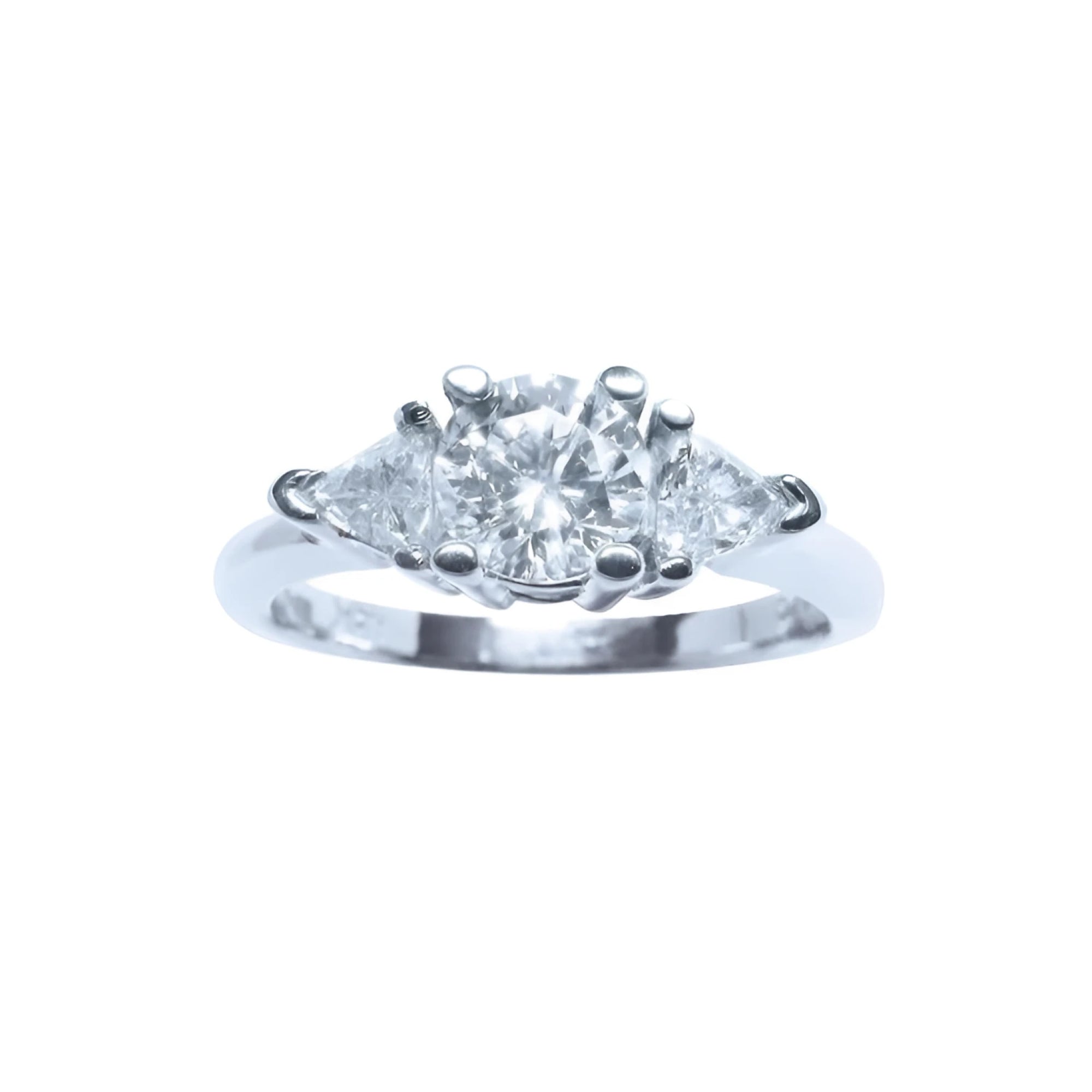 Round cut center diamond 0.61 ct. and trillion side 0.36 ct. all natural diamonds made in14k solid white gold ring.