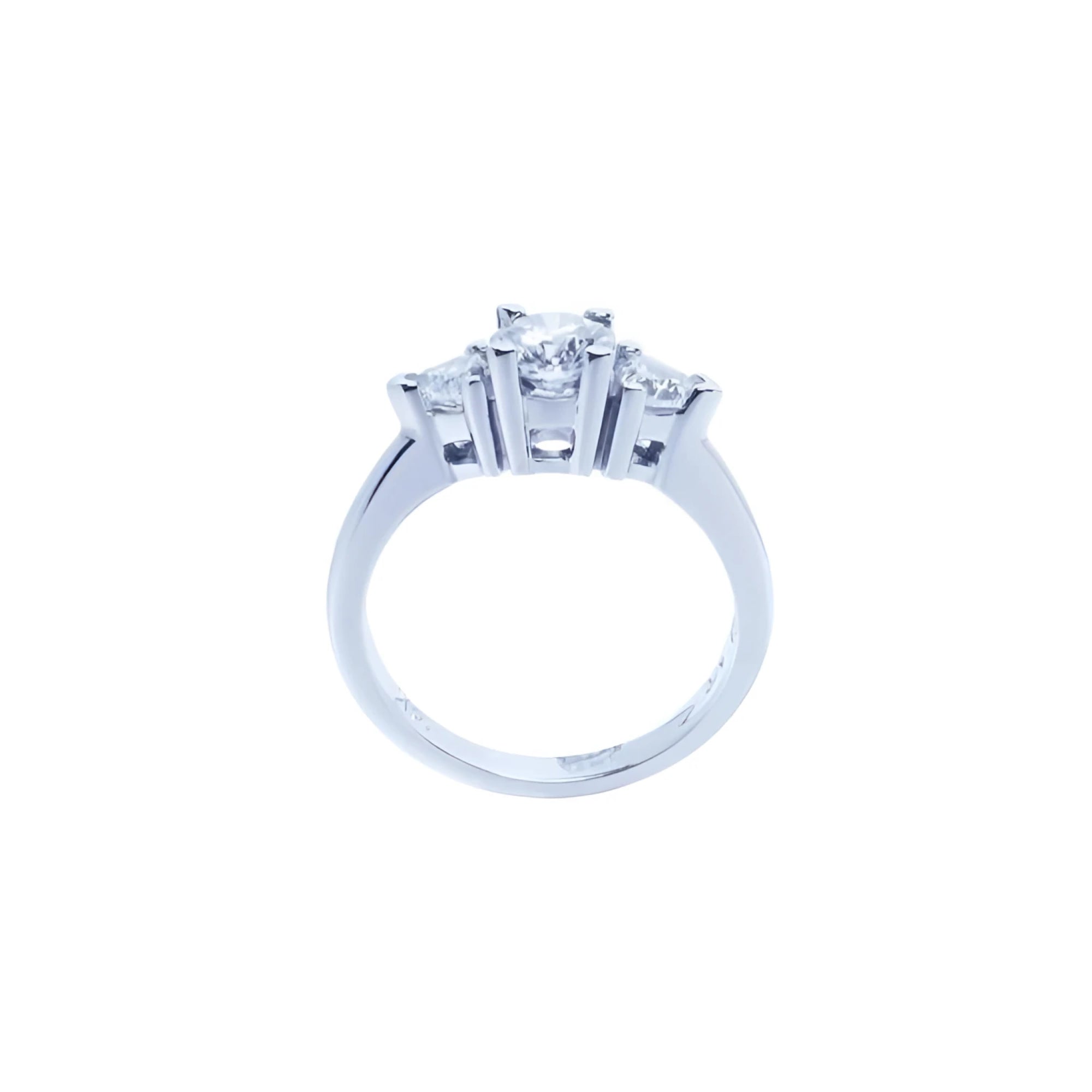 14K white gold engagement ring with a round cut center diamond and two trillion side diamonds.
