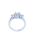 14K white gold engagement ring with a round cut center diamond and two trillion side diamonds.