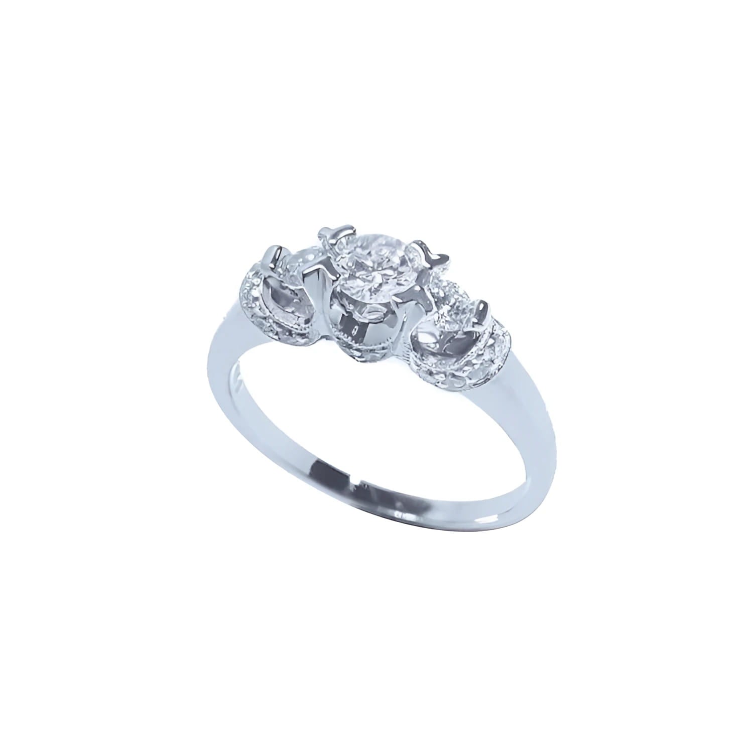 14K white gold three-stone engagement ring with round cut natural diamonds and pave accents.