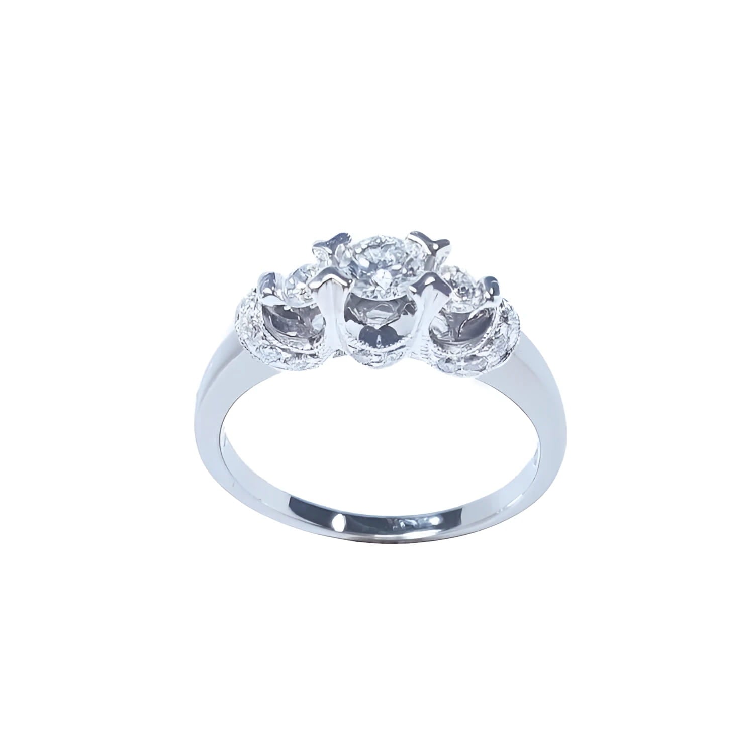 Natural Diamond engagement ring round cut three stone with accent pave set diamonds made in 14k white gold.