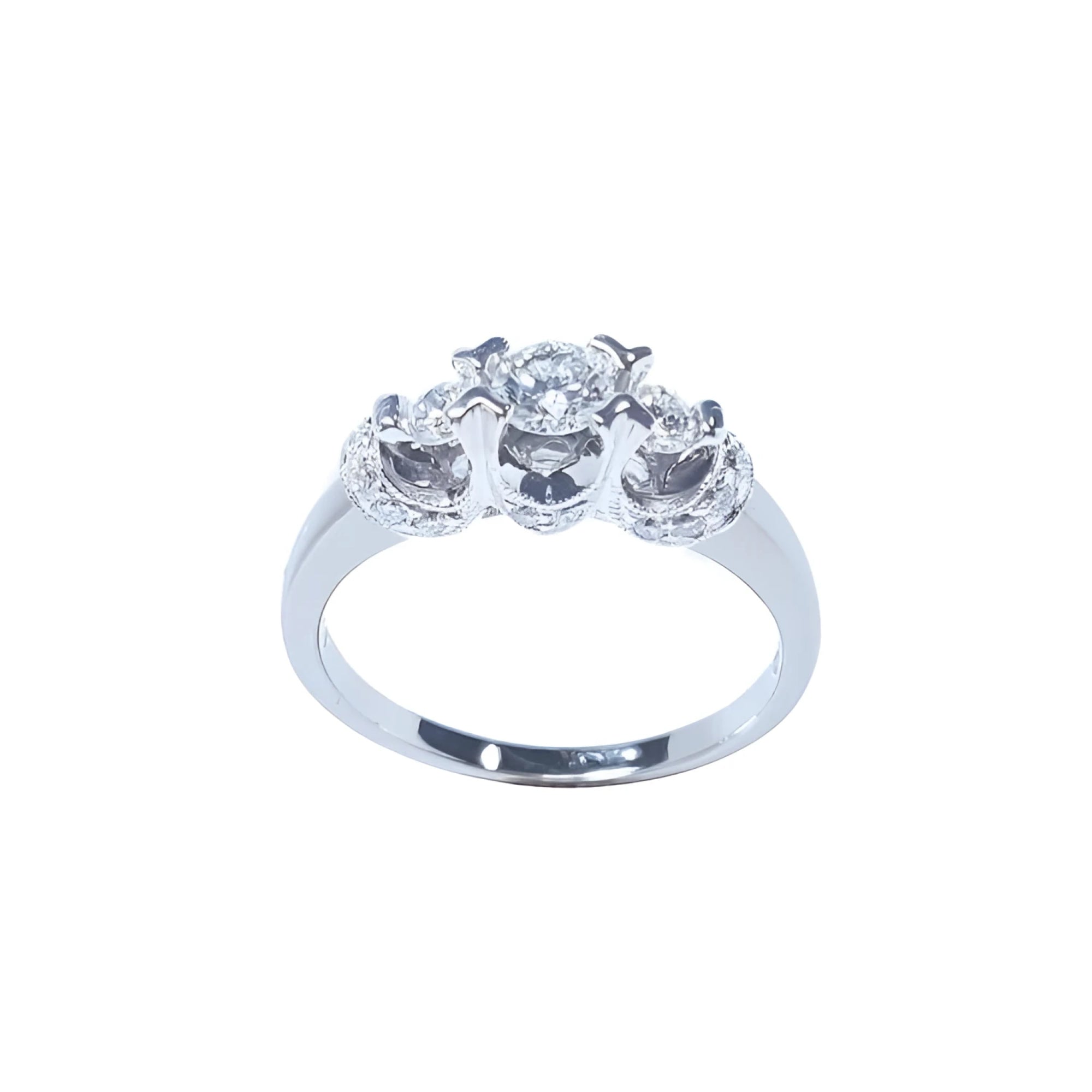 Natural Diamond engagement ring round cut three stone with accent pave set diamonds made in 14k white gold.