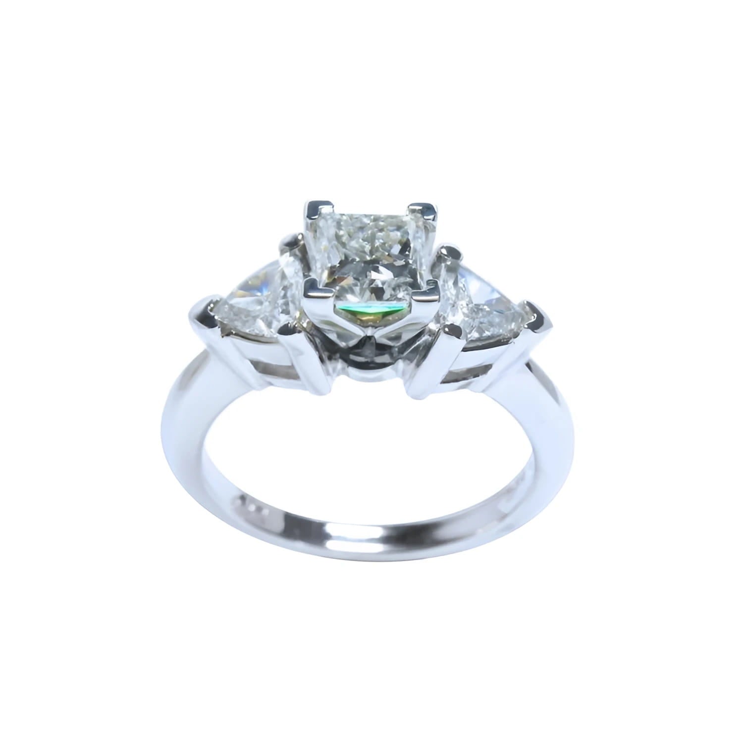 14K white gold ring with a princess cut diamond center and trillion side diamonds.