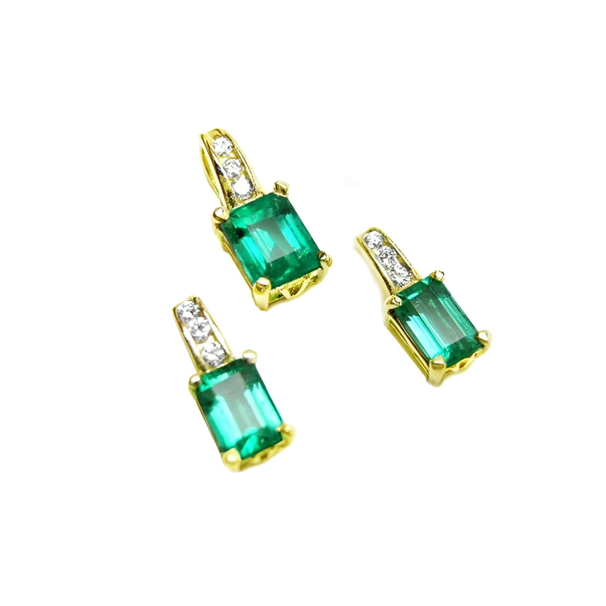 A trio set of emerald earrings and pendant, emerald-cut crafted in 14k yellow gold and diamonds on top.