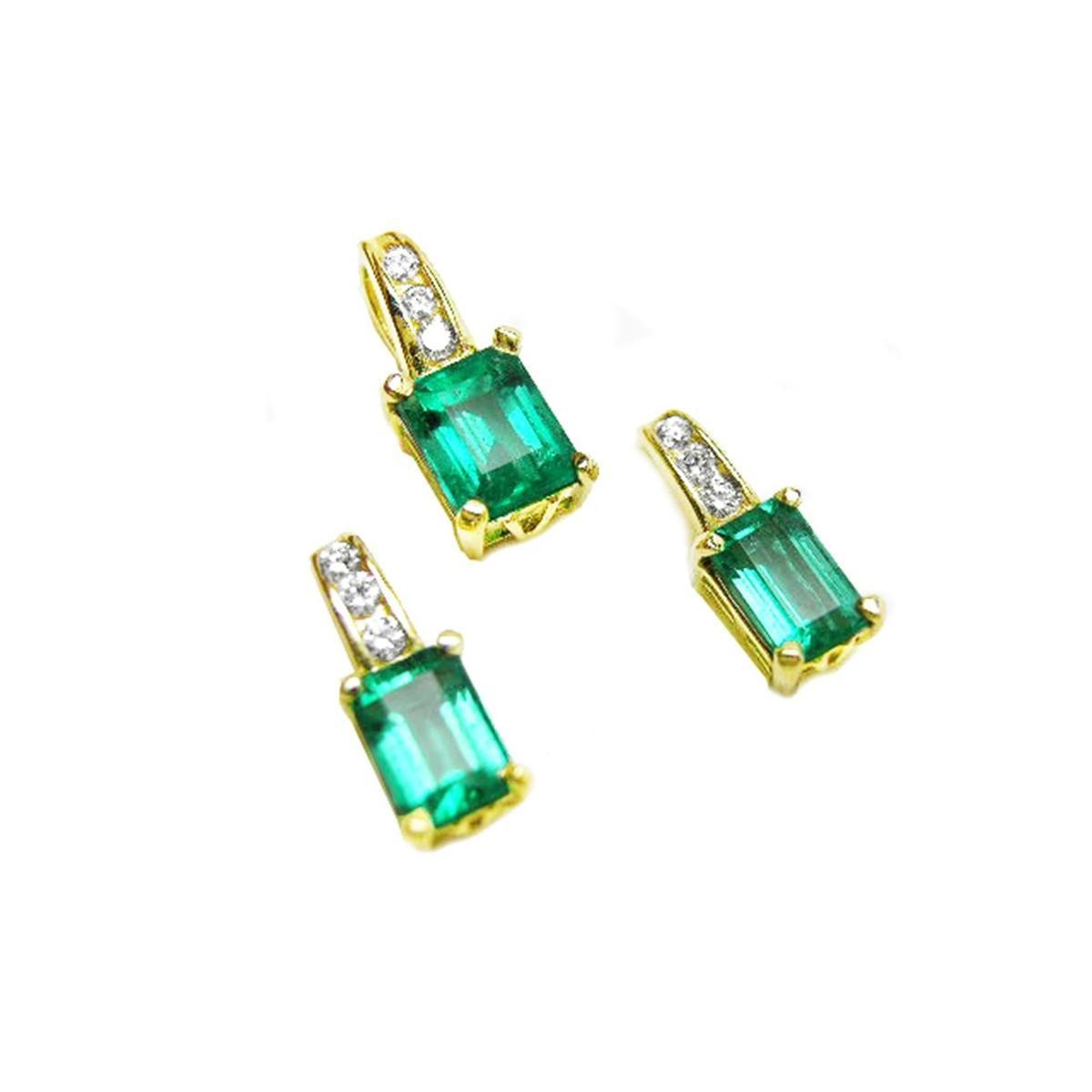 A trio set of emerald earrings and pendant, emerald-cut crafted in 14k yellow gold and diamonds on top