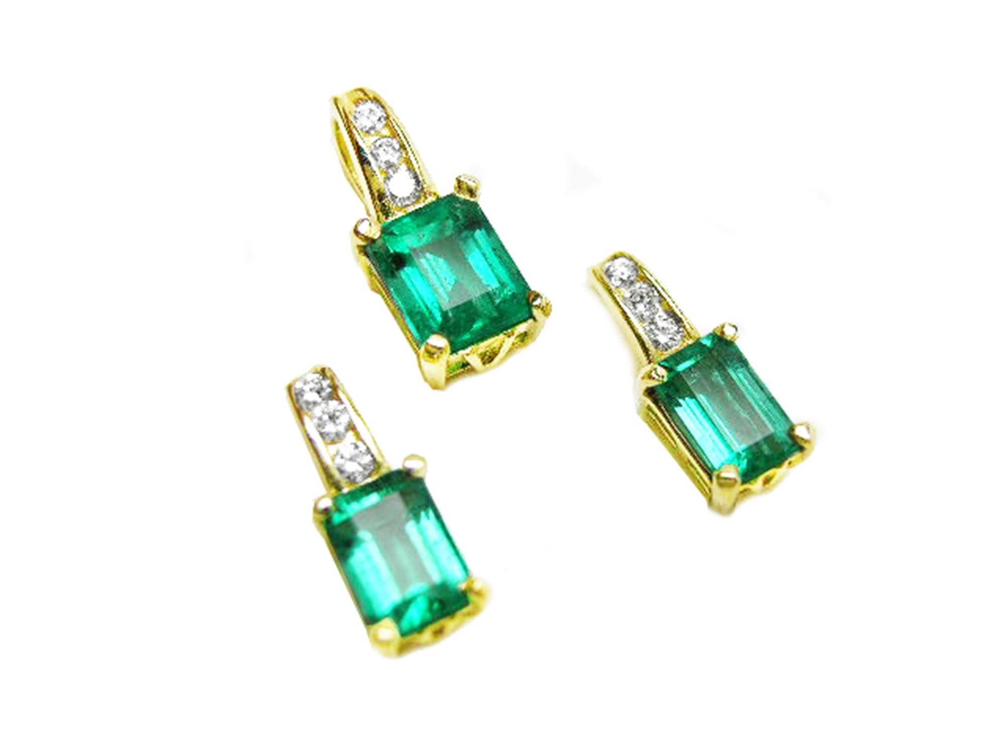 A trio set of emerald earrings and pendant, emerald-cut crafted in 14k yellow gold and diamonds on top
