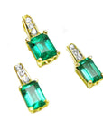 A trio set of emerald earrings and pendant, emerald-cut crafted in 14k yellow gold and diamonds on top