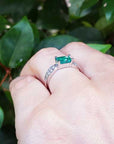 Hand wearing a ring with an emerald stone against a green leafy background.
