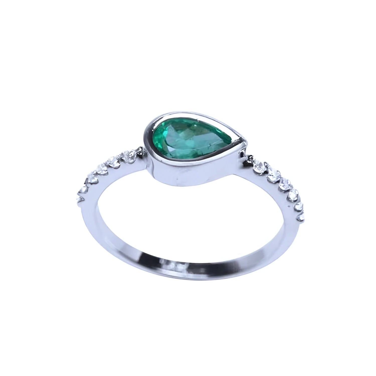 14K white gold ring with a bezel-set east-west teardrop emerald and prong-set accent diamonds.