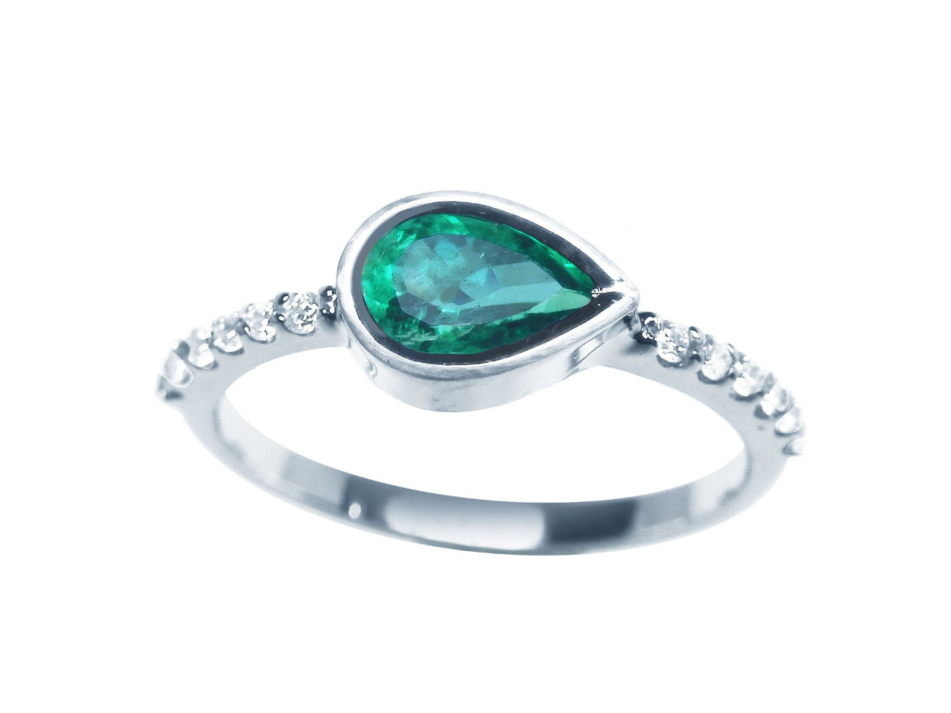 A teardrop emerald bezel set ring with accent diamonds in white gold displaying the topside view